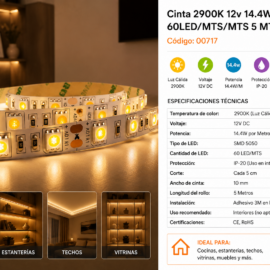 Cinta 2900K 12V 14.4W SMD 5050 60LED/MTS/MTS 5 MTS IP-20
