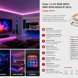 Cinta 14.4W RGB 5MTS SMD 5050 60 LED IP-20 lx