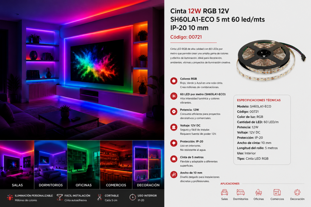 Cinta 12W RGB 12V SH60LA1-ECO 5 mt 60 led/mts IP-20 10 mm
