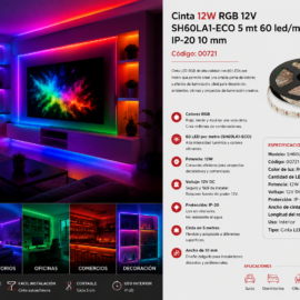 Cinta 12W RGB 12V SH60LA1-ECO 5 mt 60 led/mts IP-20 10 mm