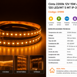 Cinta 2200K 12V 15W Ámbar 2835 120 LED/MT 5 MT IP-20