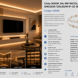 Cinta 3000K 24v 9W SKCOLA1 10MTS SMD2835 120LED/M IP-20 3M rojo