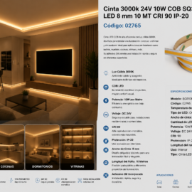 Cinta 3000k 24V 10W COB SQ312LC1 LED 8 mm 10 MT CRI 90 IP-20