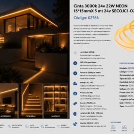 Cinta 3000k 24v 22W NEON 15*15mmX 5 mt 24v SECOJC1-O25 240L/MT