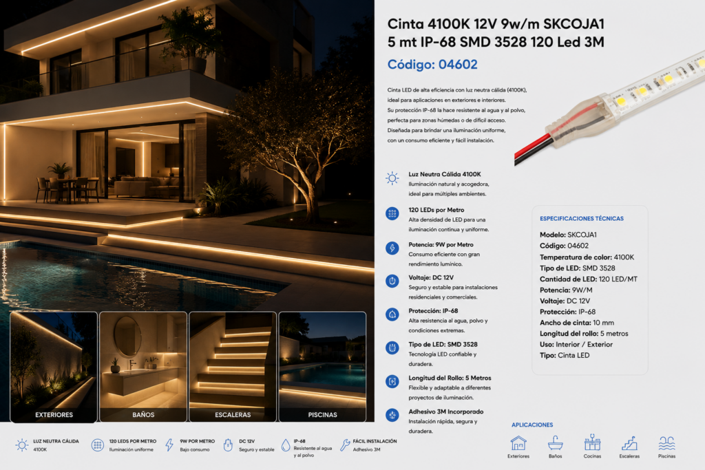Cinta 4100K 12V 9w/m SKCOJA1 5 mt IP-68 SMD 3528 120 Led 3M