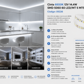 Cinta 6500K 12V 14.4W SMD 5050 60 LED/MT 5 MTS IP-44
