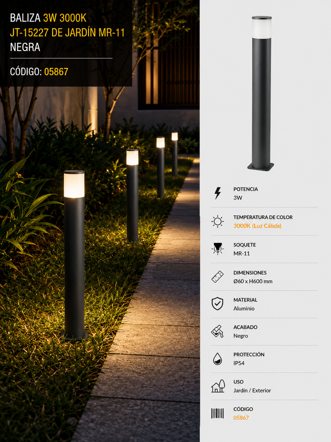 Baliza 3W 3000K JT-15227 de Jardín MR-11 Negra