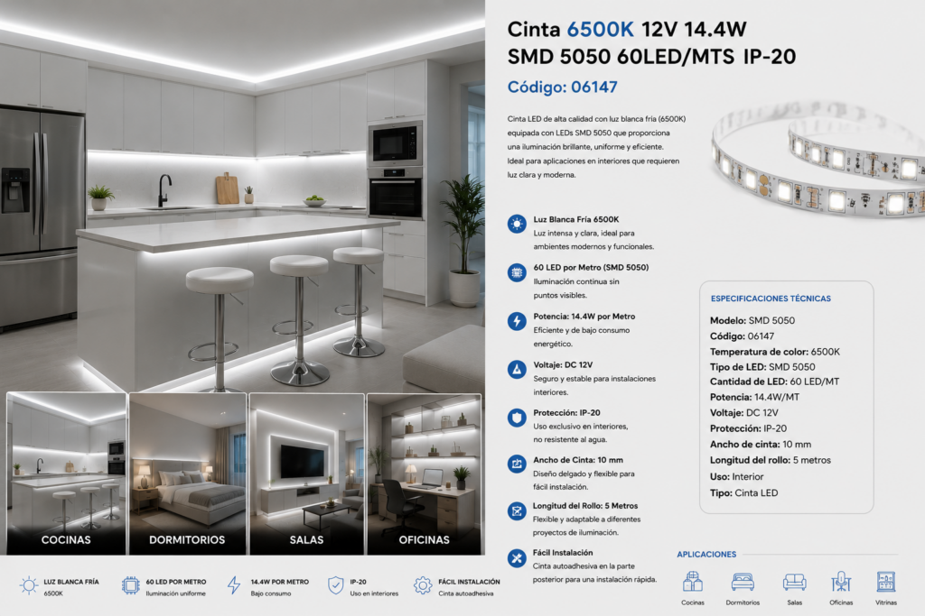 Cinta 6500K 12V 14.4W SMD 5050 60LED/MTS IP-20