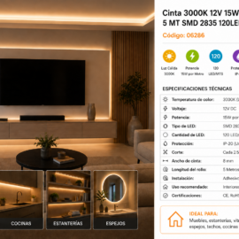 Cinta 3000K 12V 15W SECOLA1 5 MT SMD 2835 120LED/MTS IP-20 3M