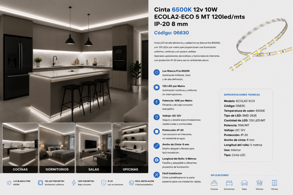 Cinta 6500K 12v 10WECOLA2-ECO 5 MT 120led/mts IP-20 8 mm