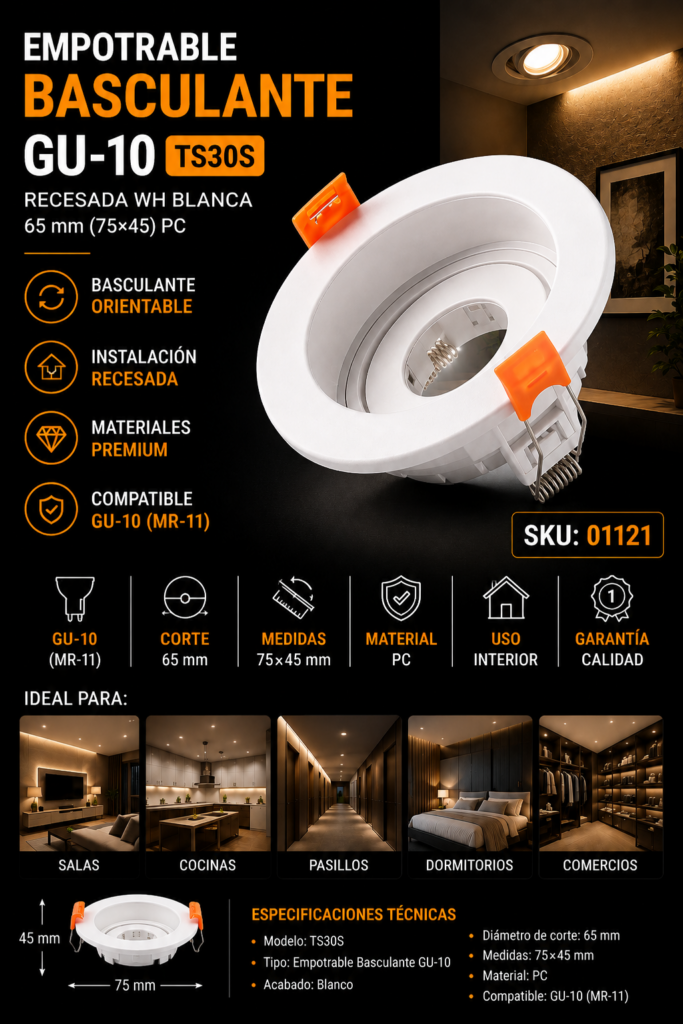 Empotrable Basculante GU-10 TS30S Recesada WH Blanca 65 mm (75×45) PC EVOLIGHT (MR-11)