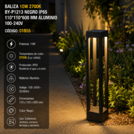 Baliza 10w 2700k BY-P1213 Negro IP65 110*110*600 MM Aluminio 100-240v