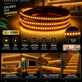 Cinta 1800K 12V 15W/M SWW120F10W12-2835 5 MT 10 mm CRI-90 120 LED/MT IP-20 3M Rojo AMBAR