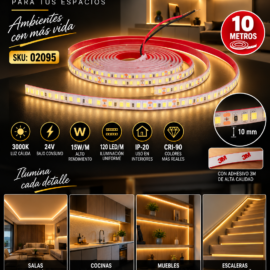 Cinta 3000K 24V 15W/M SWW120F010W24-2835 10MT 10 mm CRI-90 120 LED/MT IP-20 3M Rojo