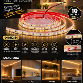 Cinta 3000K 24V 9W/M SWW120F010W24-2835 10MT 10 mm CRI-90 120 LED/MT IP-20 3M Rojo