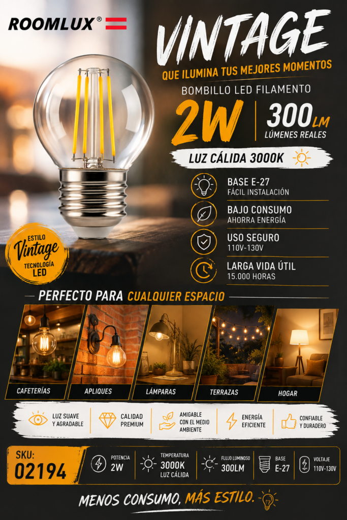 Bombillo 2W 3000k E-27 B70104 Vintage G-45 3000K Clear 110V-130V ROOMLUX