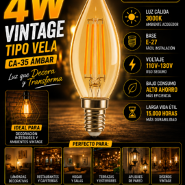 Bombillo 4w 3000k E-27 B70157 Vintage CA-35 Ámbar Tipo Vela 470LM 110V-130V ROOMLUX