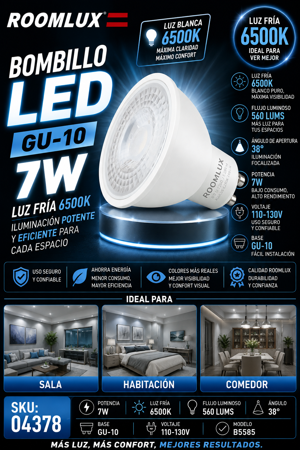 Bombillo 7W 6500k GU-10 B5585 38º 110-130V ROOMLUX
