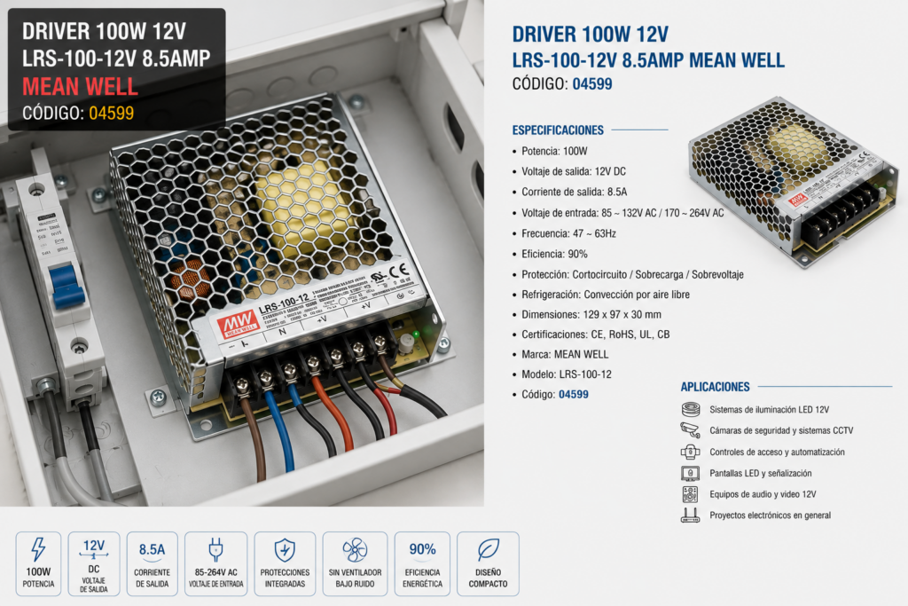Driver 100W 12V LRS-100-12v 8.5Amp MEAN WELL