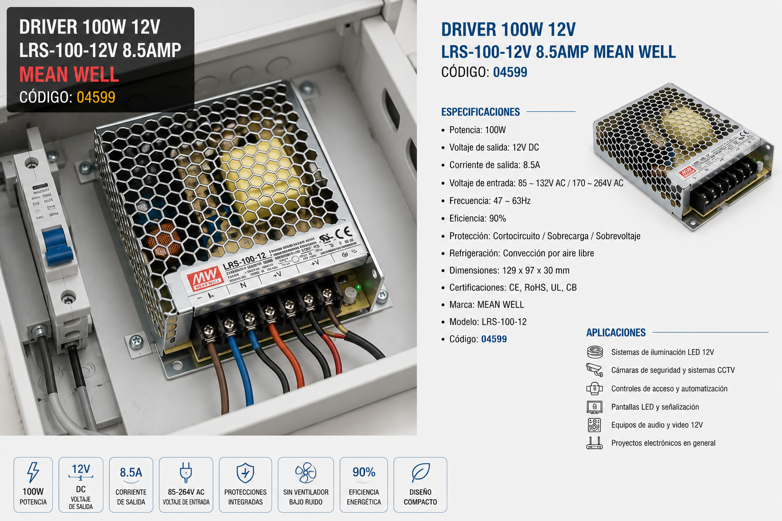 Driver 100W 12V LRS-100-12v 8.5Amp MEAN WELL