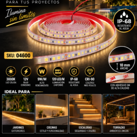 Cinta 3000K 12V 9W/M SWW120F410W12-2835 5 MT 10 mm CRI-90 120 LED/MT IP-68 3M Rojo