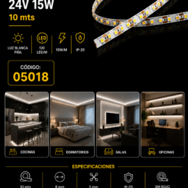 Cinta 6000K 24V 15W 10mts SECOLA1 SMD 2835 120 LED/MTS IP-20 3m Rojo CRI-90