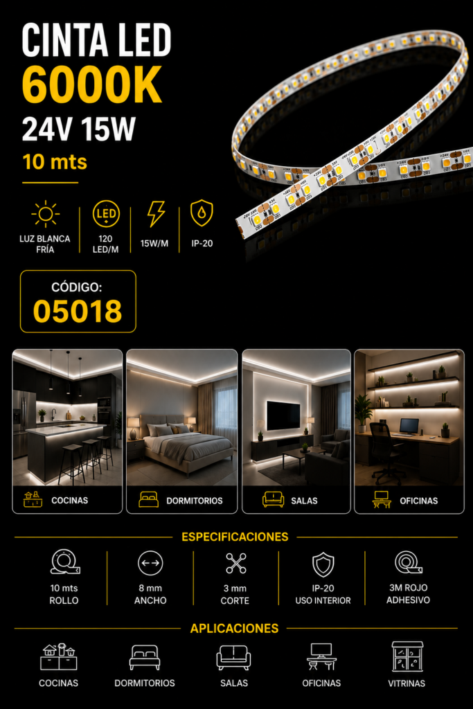 Cinta 6000K 24V 15W 10mts SECOLA1 SMD 2835 120 LED/MTS IP-20 3m Rojo CRI-90