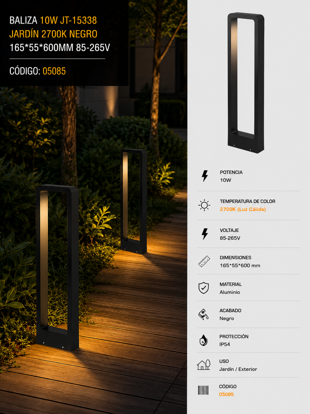 Baliza 10w JT-15338 Jardín 2700K Negro 165*55*600mm 85-265v