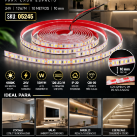 Cinta 4100K 24V 15W/M SNW120F010W24-2835 10 MT 10 mm CRI-90 120 LED/MT IP-20 3M Rojo