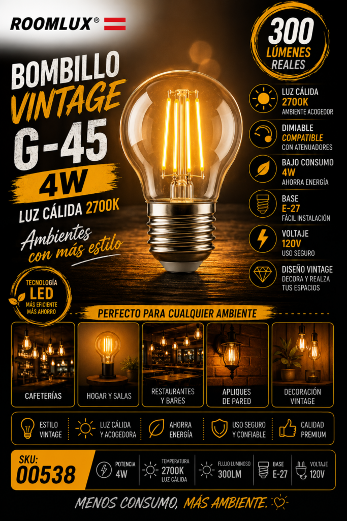 Bombillo 4W 2700k E-27 B70104 Vintage G-45 3000K 120V Dimiable ROOMLUX