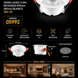 Empotrable Basculante 5w 3000k L6130C-5 WH Recesada.94mm (80mm) Blanco 380 lm