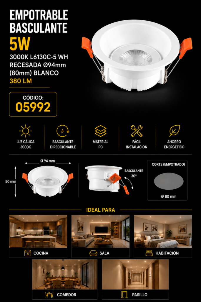 Empotrable Basculante 5w 3000k L6130C-5 WH Recesada.94mm (80mm) Blanco 380 lm