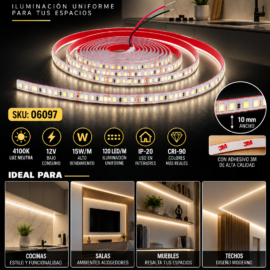 Cinta 4100K 12V 15W/M SWW120F10W12-2835 5 MT 10 mm CRI-90 120 LED/MT IP-20 3M Rojo