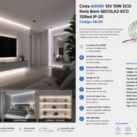 Cinta 6000K 12V 10W ECO 5mts 8mm SECOLA2-ECO 120led IP-20