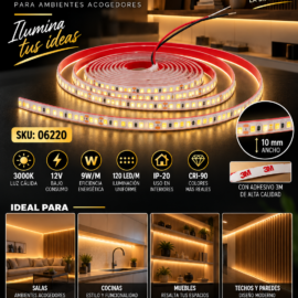 Cinta 3000K 12V 9W/M SWW120F10W12-2835 5 MT 10 mm CRI-90 120 LED/MT IP-20 3M Rojo