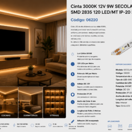 Cinta  3000K 12V 9W SECOLA1 5 MT SMD 2835 120 LED/MT IP-20 3M