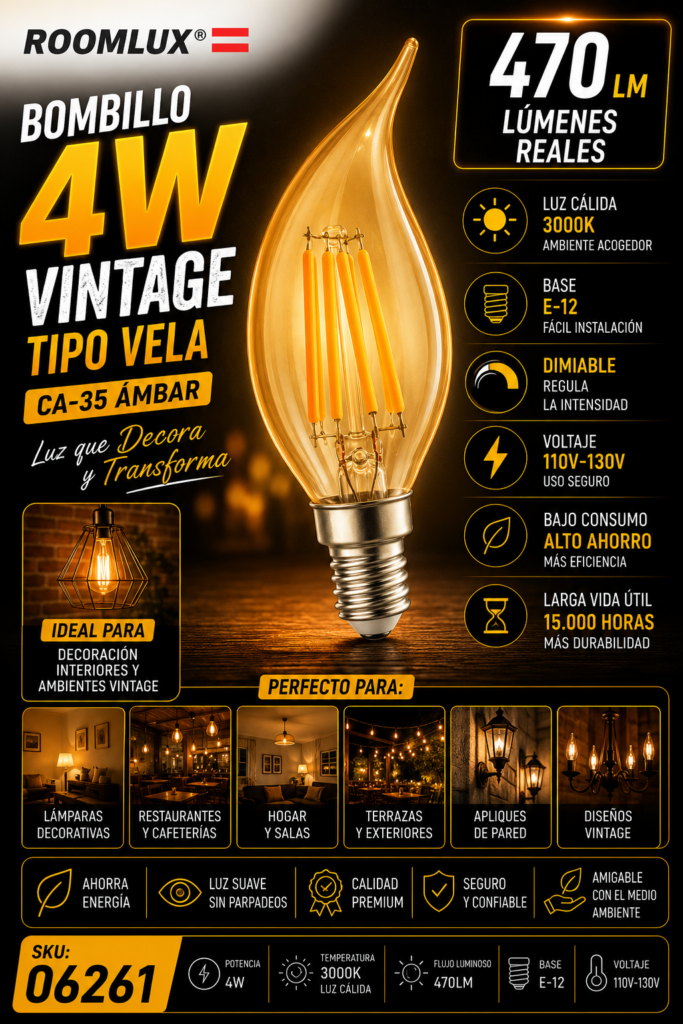Bombillo 4W 3000k E-12 Vintage T/Vela CA-35 B70157 Dimiable 110V-130V ROOMLUX Ambar