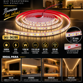 Cinta 3000K 12V 15W/M SWW120F10W12-2835 5 MT 10 mm CRI-90 120 LED/MT IP-20 3M Rojo