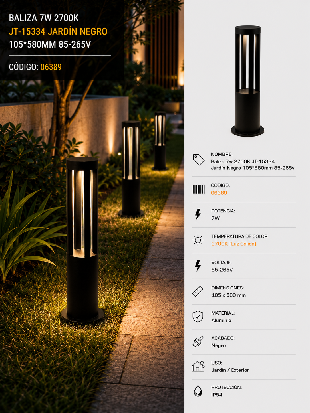 Baliza 7w 2700K JT-15334 JARDÍN NEGRO 105*580mm 85-265v