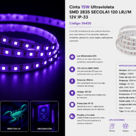 Cinta 15W Ultravioleta SMD 2835 SECOLA1 120 LR//M 12v IP-33