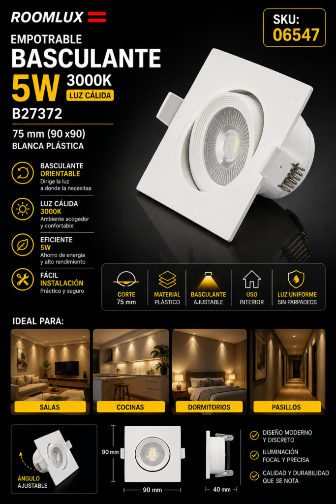 Empotrable Basculante 5w 3000k B27372 75 mm (90 x90) Blanca Plástica ROOMLUX