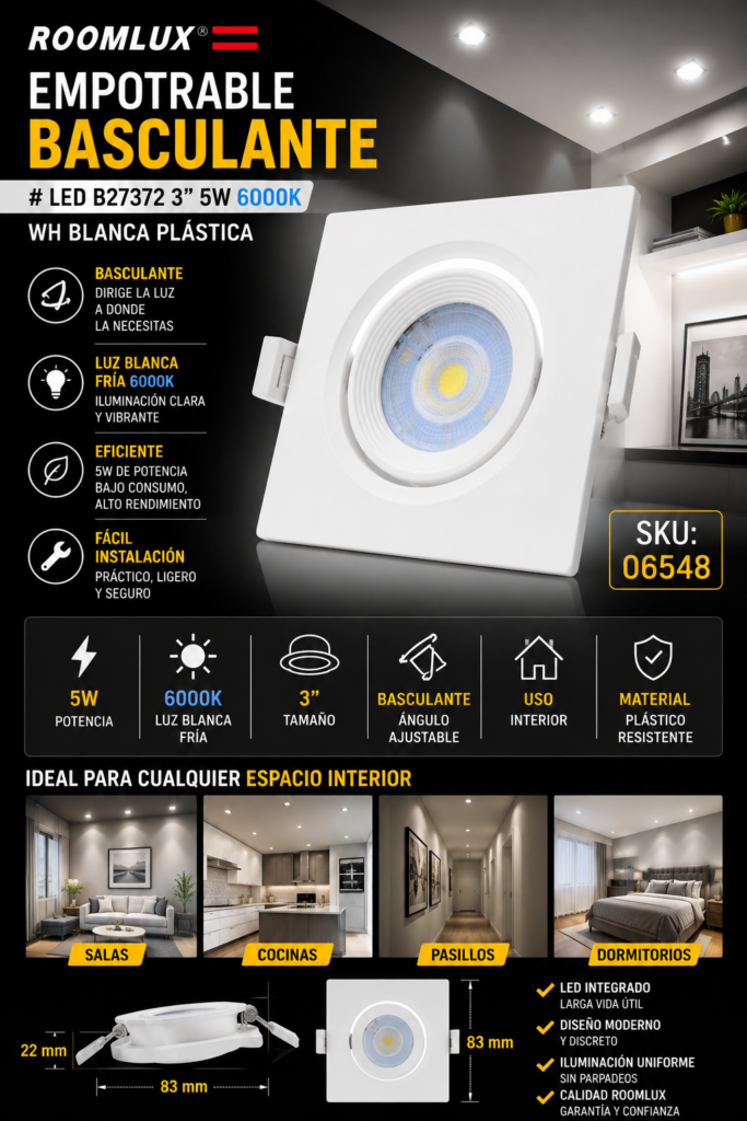 Empotrable Basculante # LED B27372 3″ 5w 6000K WH Blanca Plástica ROOMLUX