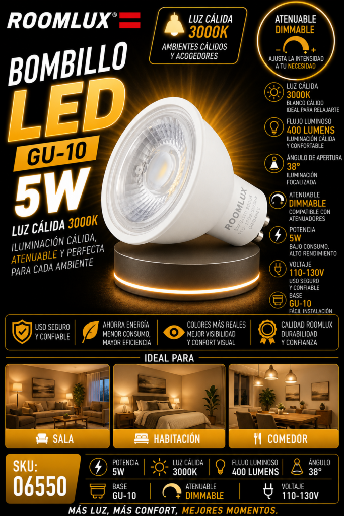 Bombillo 5w 3000k GU-10 B5585 dimeable 110-130V ROOMLUX