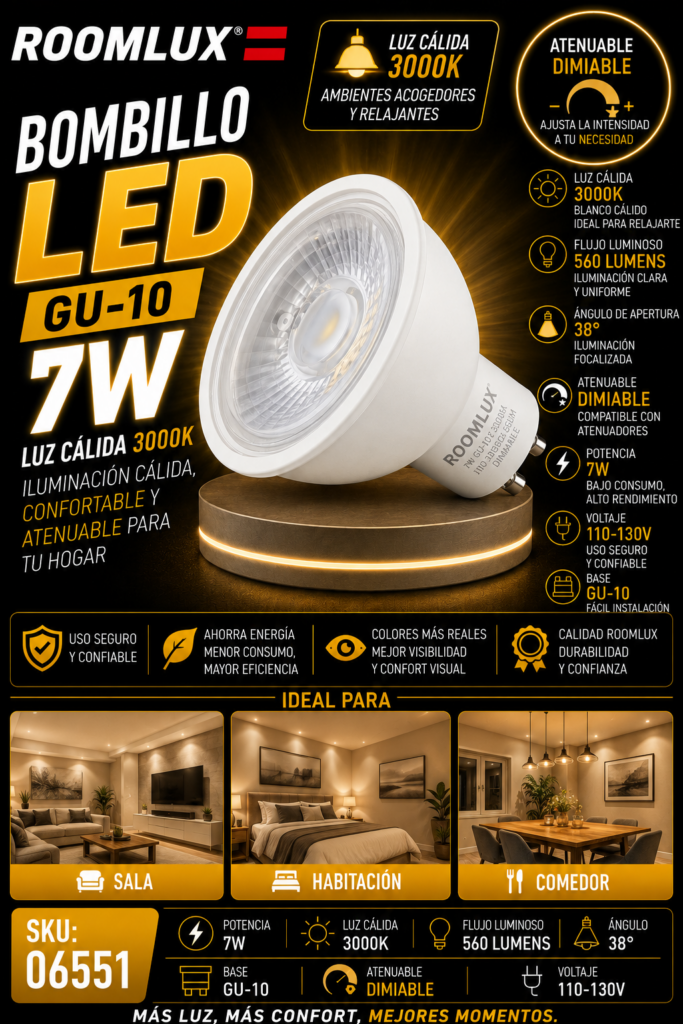 Bombillo 7W 3000k GU-10 B05585 560lm Dimeable 110-130V ROOMLUX