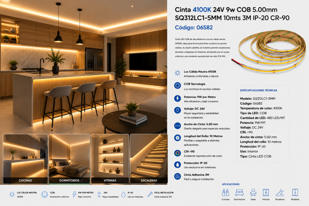 Cinta 4100K 24V 9w COB 5.00mm SQ312LC1-5MM 10mts 3M IP-20 CR-90
