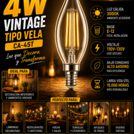 Bombillo 4w 3000k E-12 B70102 Vintage T/Vela CA-45T 400LM 110V-130V ROOMLUX