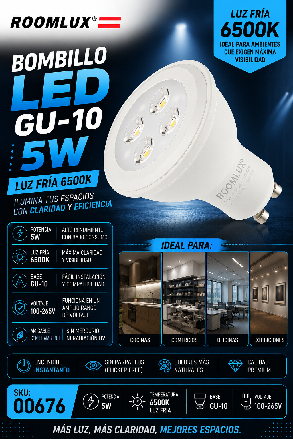 Bombillo 5W 6500K GU-10 B05520 6500K 100-265V ROOMLUX