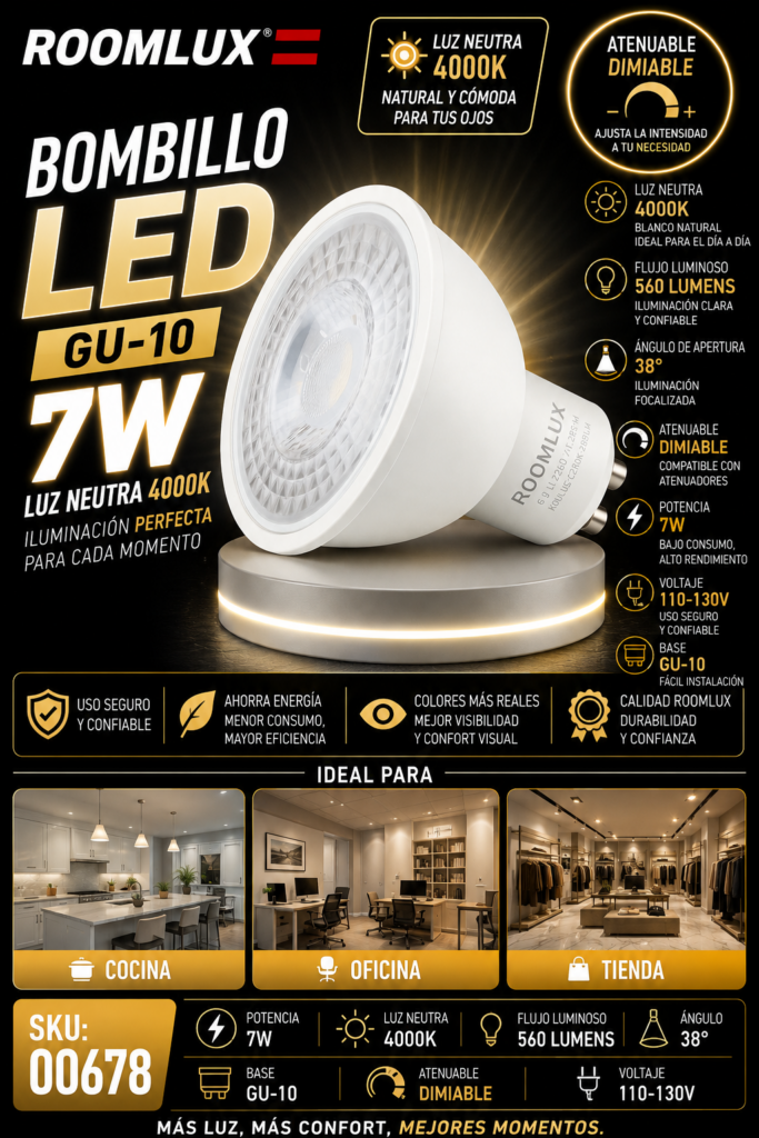 Bombillo 7W 4000k GU-10 B5585 560lm Dimeable 38º 110-130V ROOMLUX