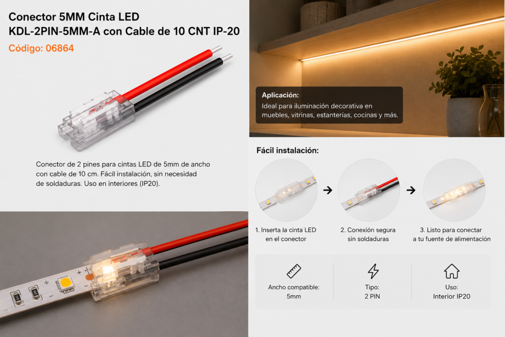 Conector 5MM Cinta LED KDL-2PIN-5MM-A con Cable de 10 CNT IP-20