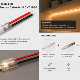 Conector 5MM Cinta LED KDL-2PIN-5MM-A con Cable de 10 CNT IP-20